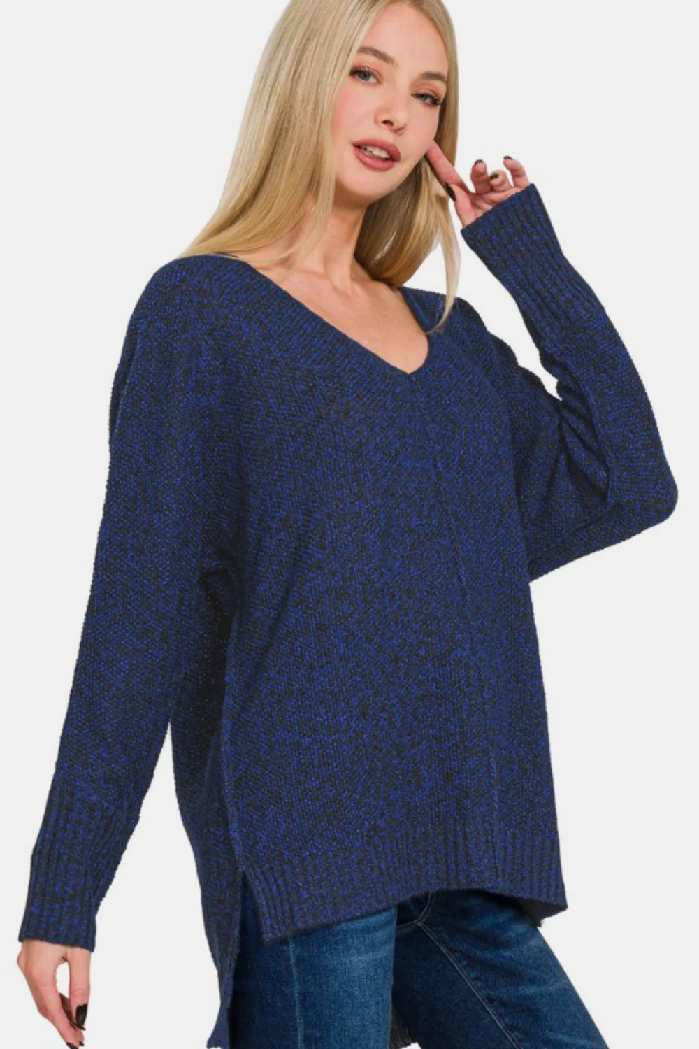 Zenana High-Low Center Seam V-Neck Sweater - Image 3