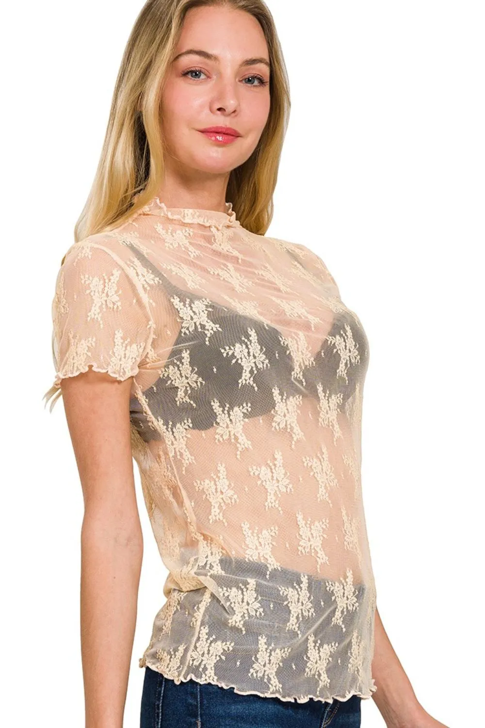 Zenana Lace See-through Layering Short Sleeve Top - Image 2