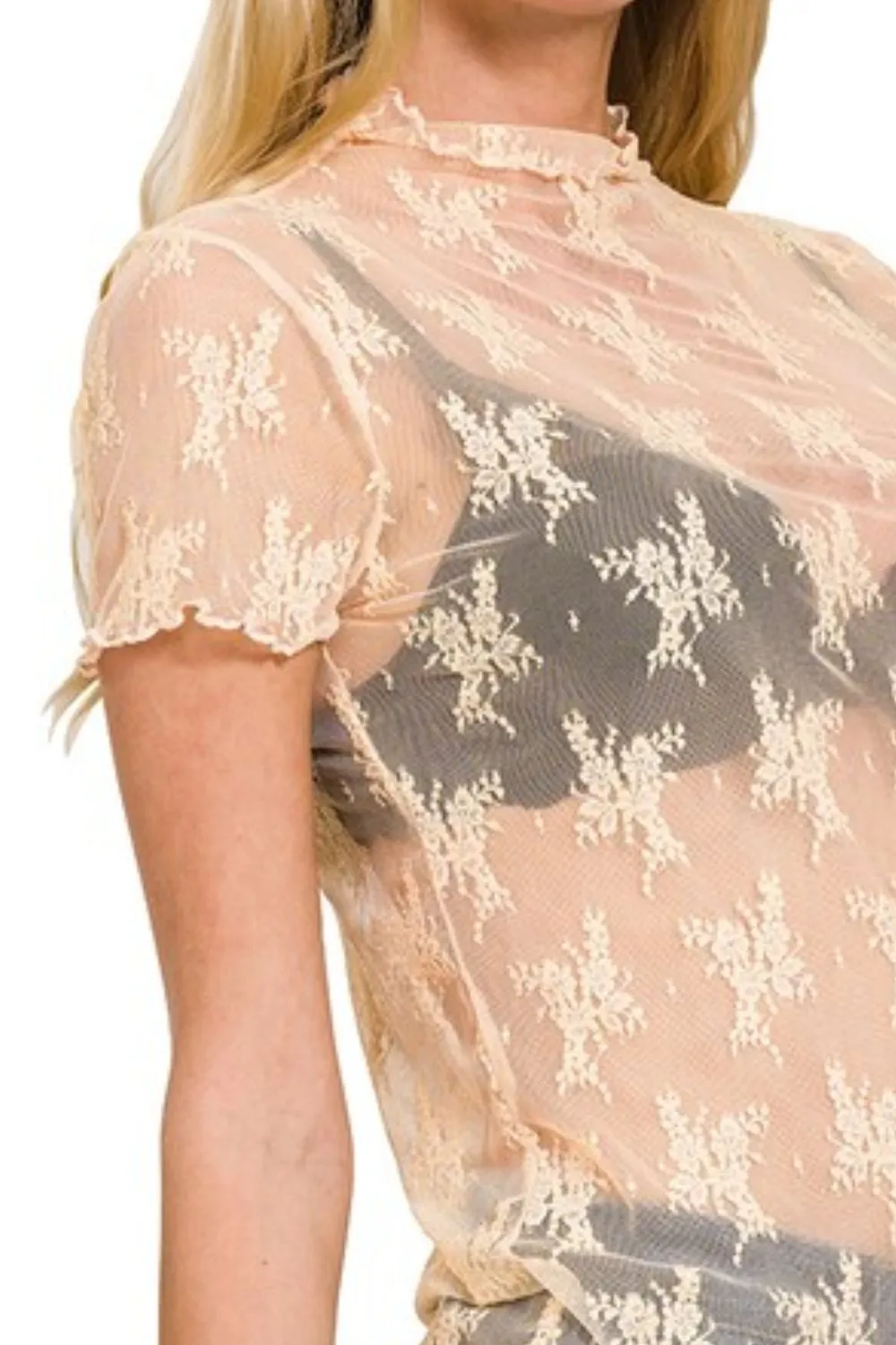 Zenana Lace See-through Layering Short Sleeve Top - Image 3