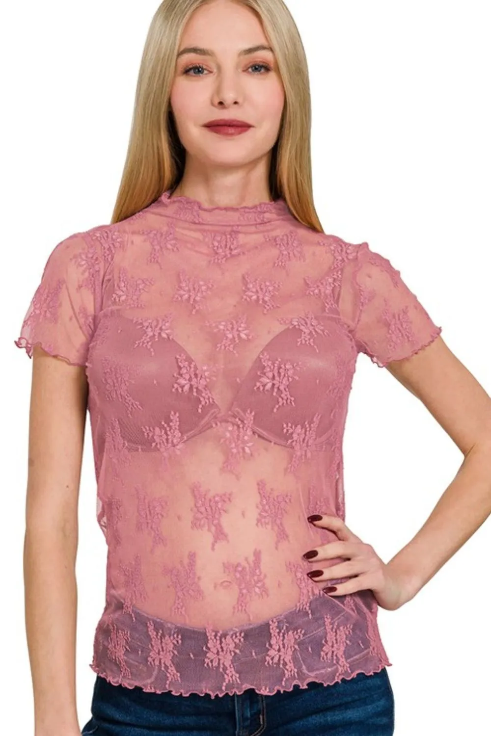 Zenana Lace See-through Layering Short Sleeve Top - Image 2