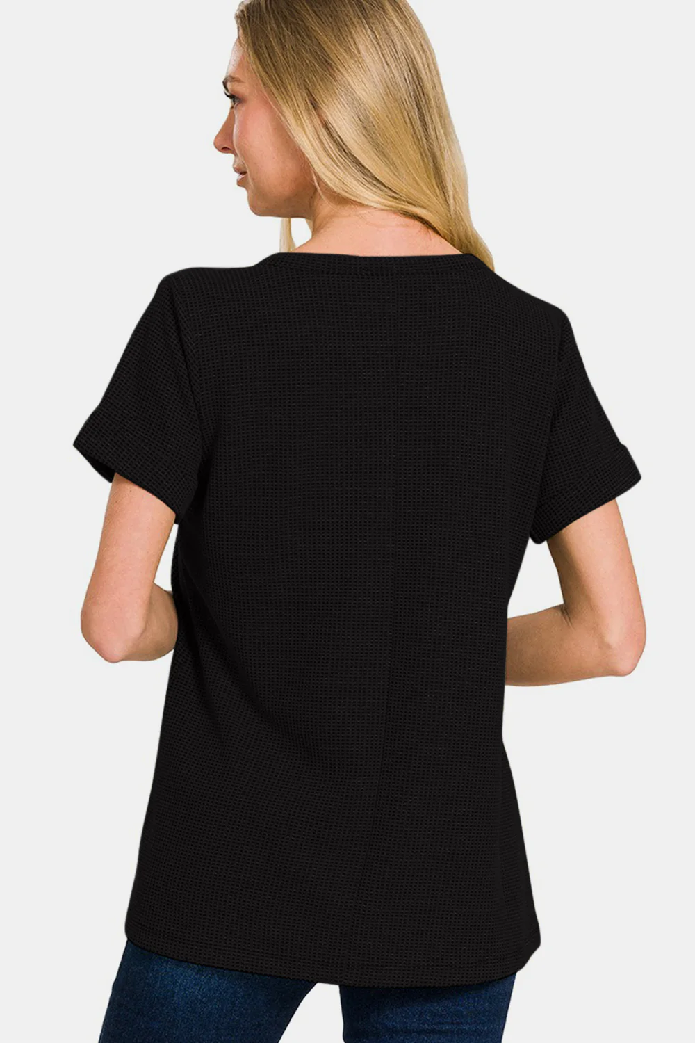 Zenana Notched Short Sleeve Waffle T-Shirt - Image 2