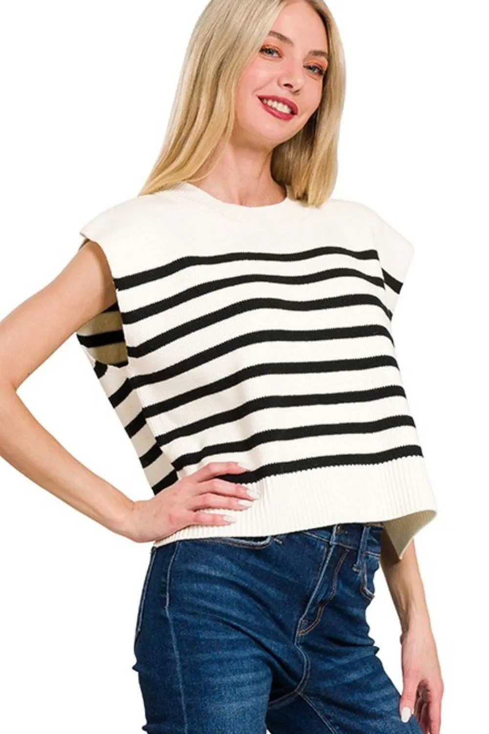 Zenana Oversized Crew Neck Stripe Sweater Vest - Image 2