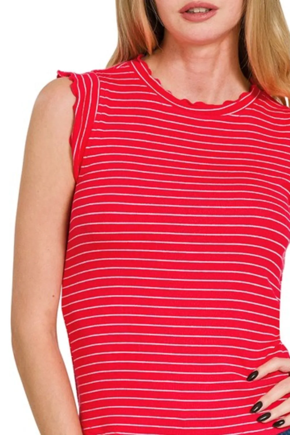 Zenana Ribbed Ruffle Trim Sleeveless Stripe Top - Image 2