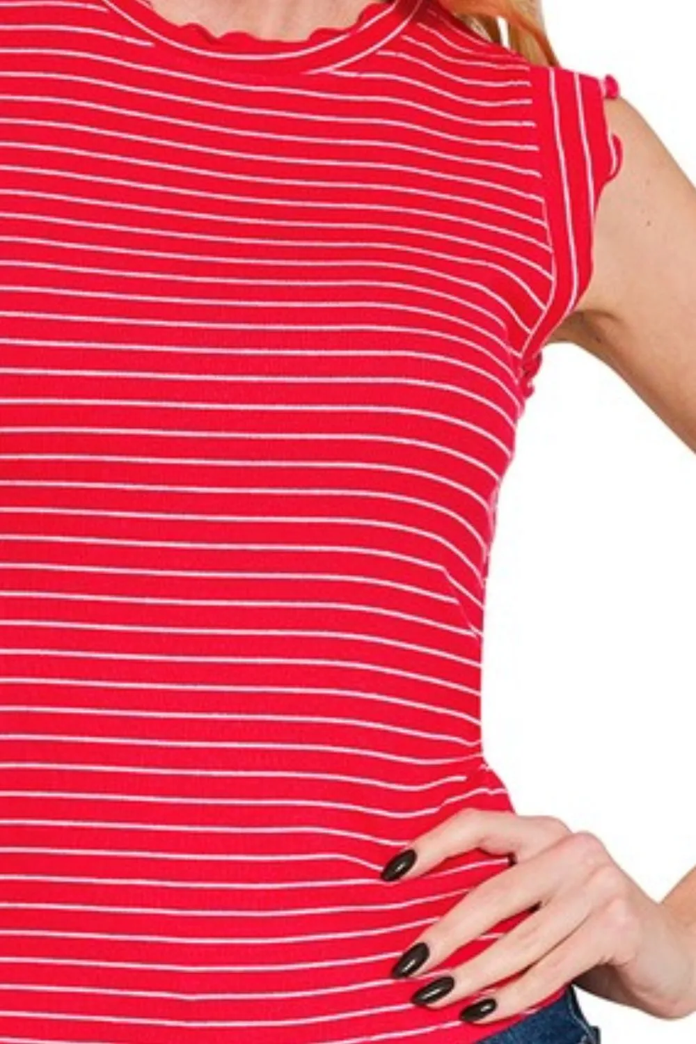 Zenana Ribbed Ruffle Trim Sleeveless Stripe Top - Image 3