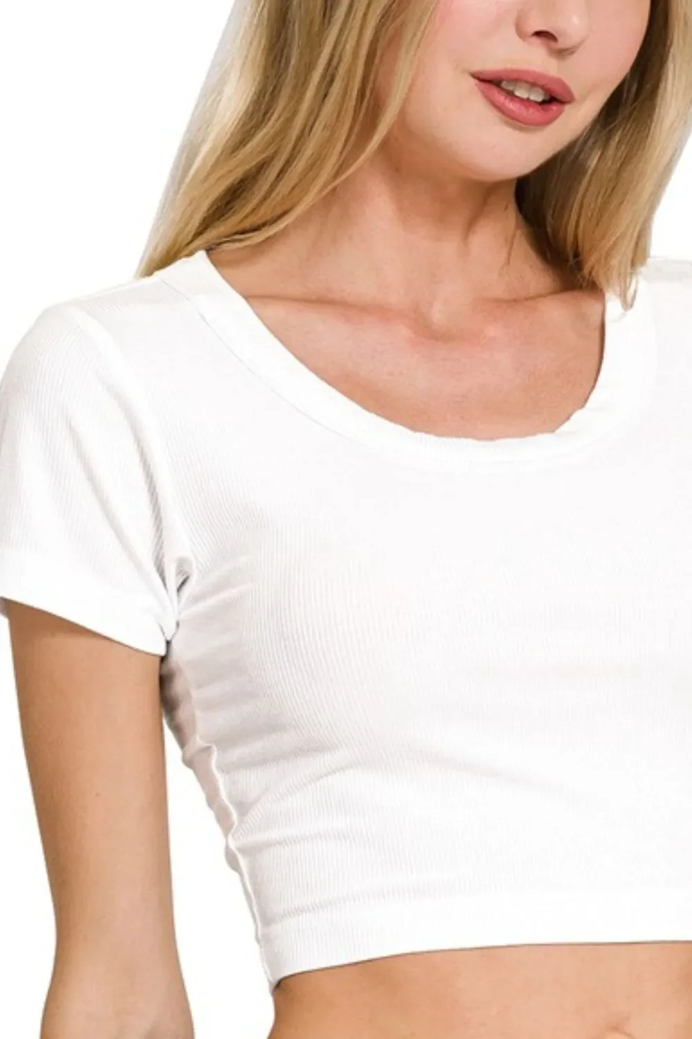 Zenana Ribbed Scoop Neck Crop Short Sleeve Top - Image 2
