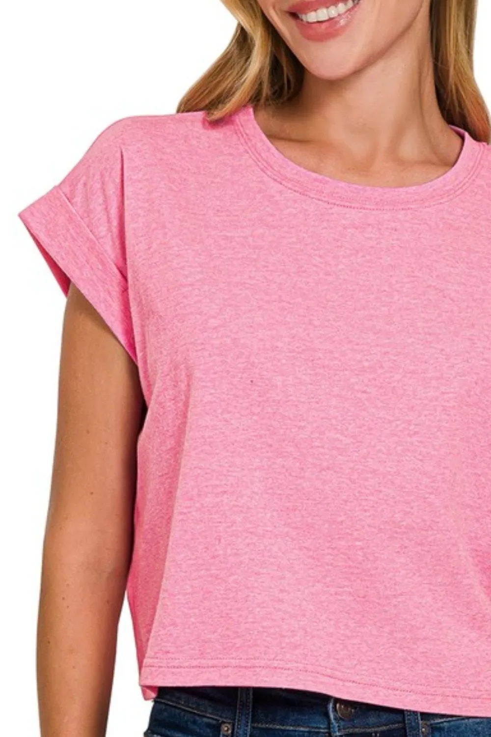 Zenana Rolled Sleeve Crop T-Shirt - Image 2