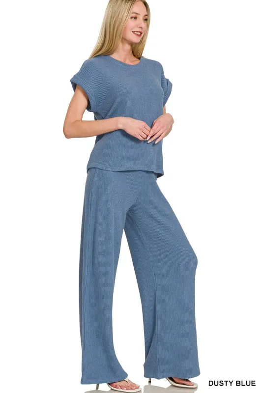 Zenana Rolled Sleeve Top and Pants Sweater Set - Image 2