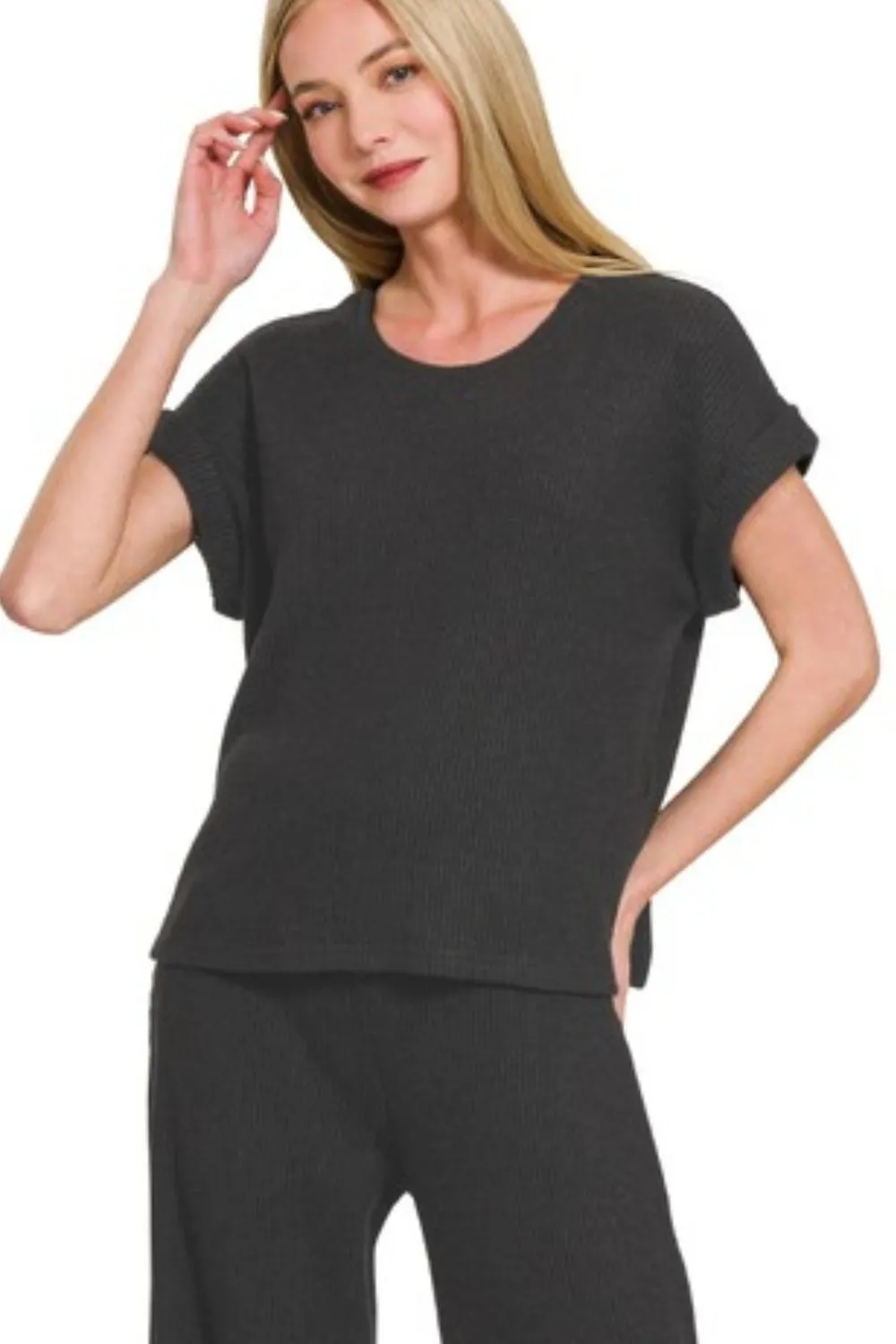 Zenana Rolled Sleeve Top and Pants Sweater Set - Image 2