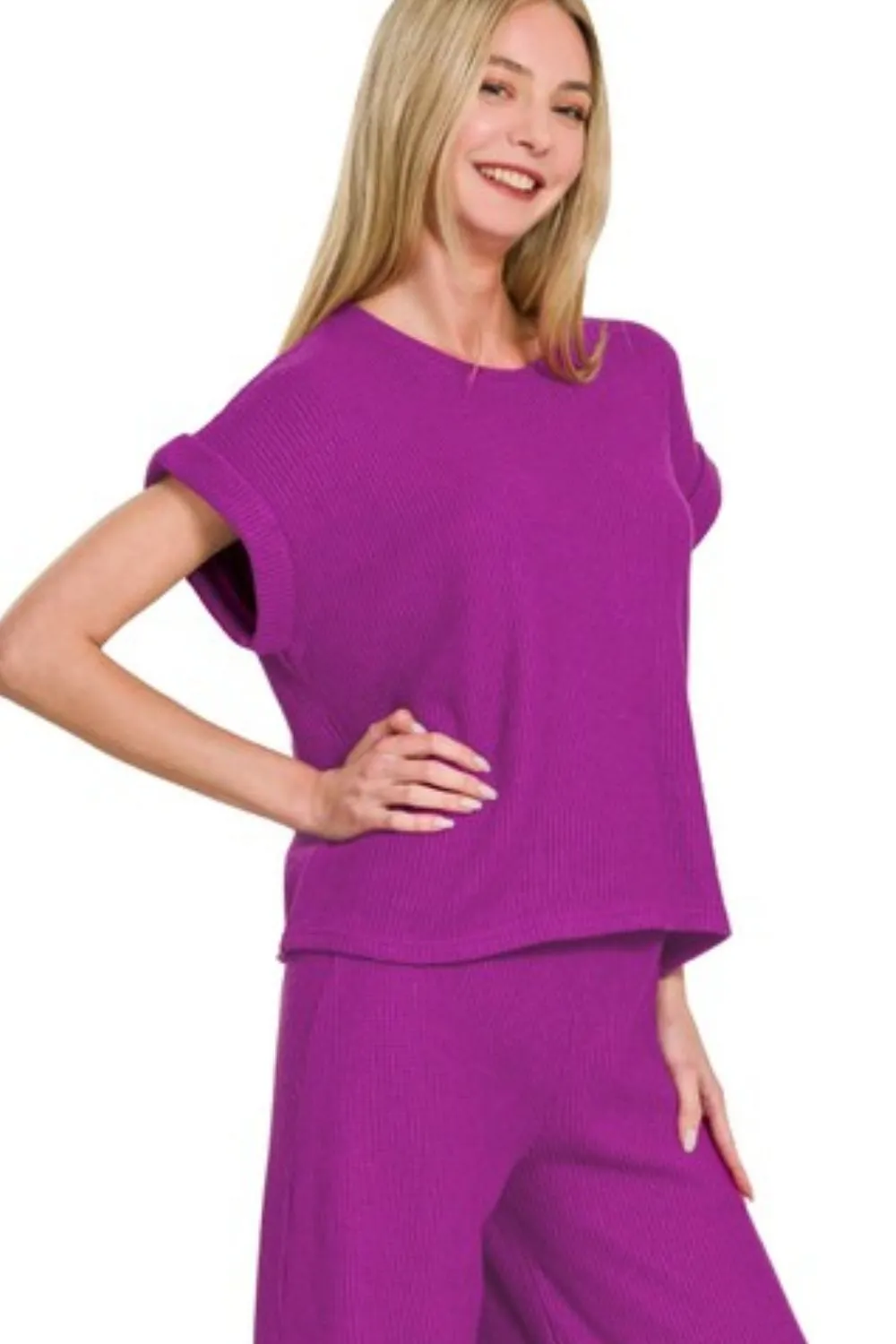 Zenana Rolled Sleeve Top and Pants Sweater Set - Image 2