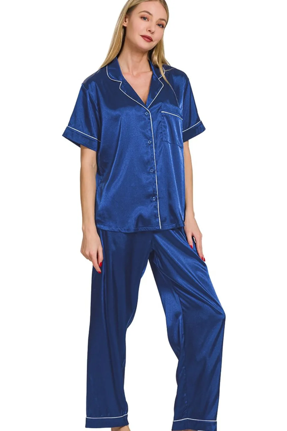 Zenana Satin Short Sleeve Top and Pants Pajama Set - Image 2