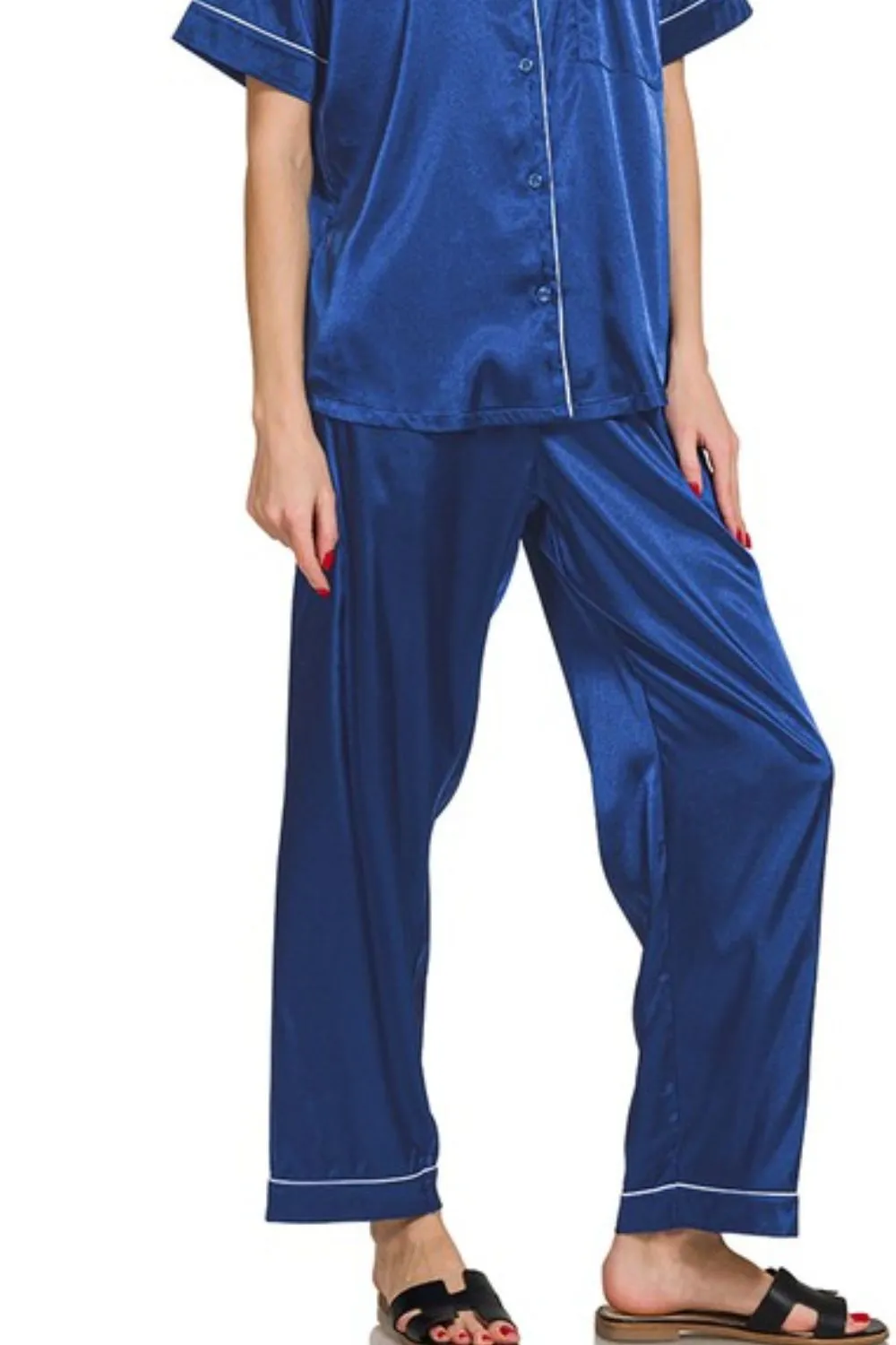 Zenana Satin Short Sleeve Top and Pants Pajama Set - Image 3