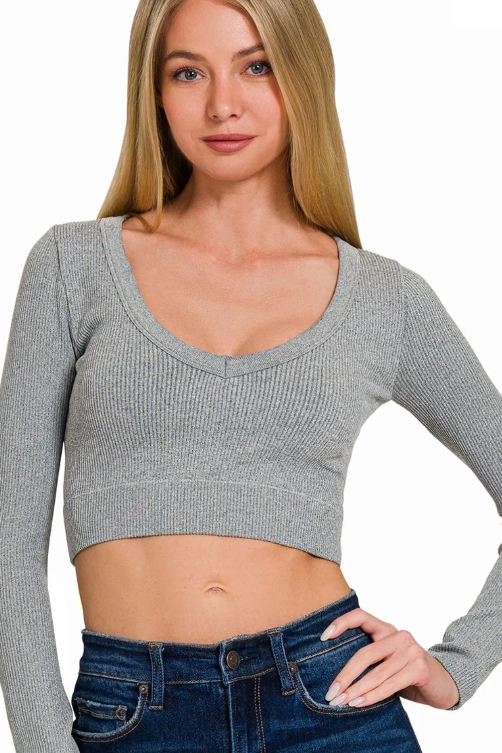 Zenana Seamless Fitted Rib V-neck Long Sleeve Crop Top - Image 2