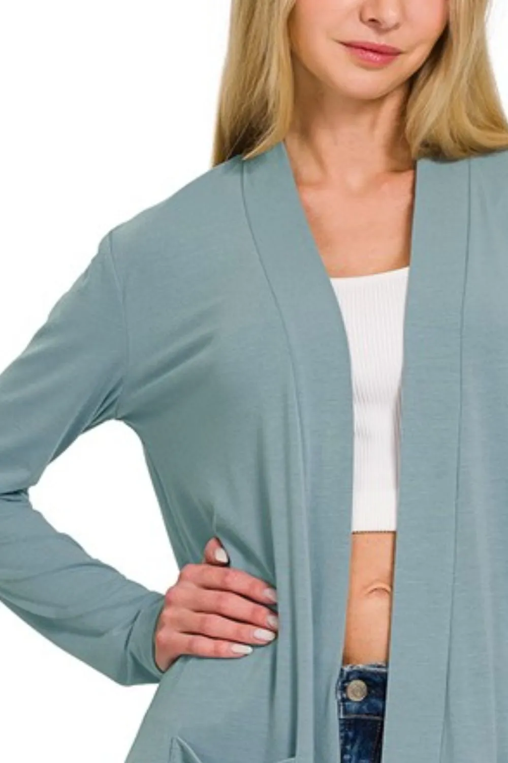 Zenana Slouchy Lightweight Open Front Pocket Cardigan - Image 2