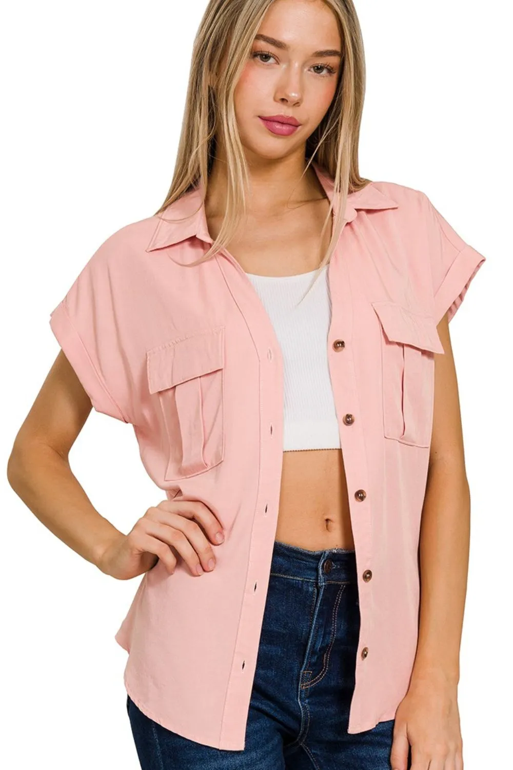 Zenana Tencel V-neck Collared Top W Front Flap Pockets