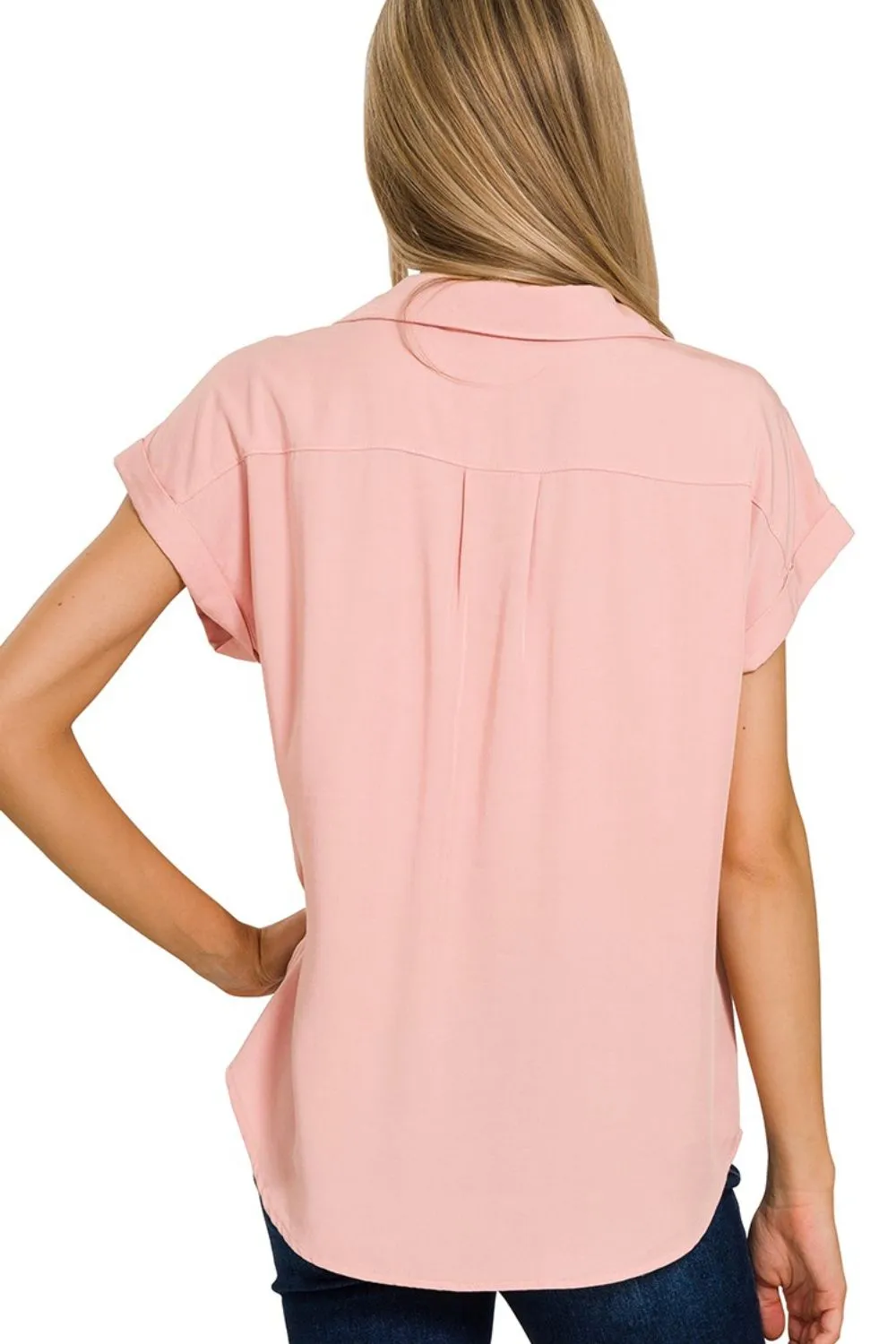 Zenana Tencel V-neck Collared Top W Front Flap Pockets - Image 3