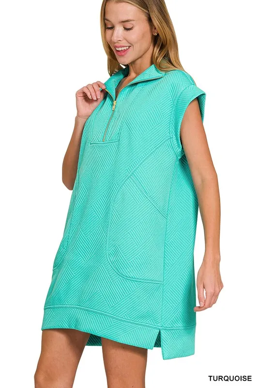 Zenana Textured Knit Jacquard Quarter Zipper Mini Dress - Image 2