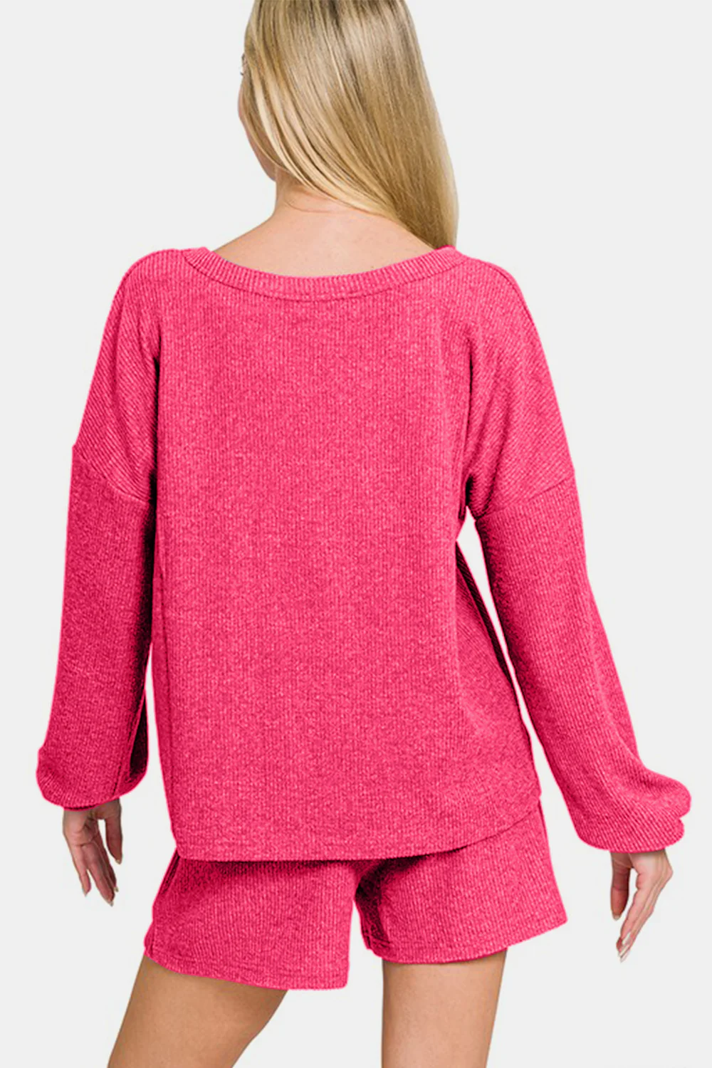 Zenana V-Neck Long Sleeve Ribbed Top and Shorts Set - Image 2