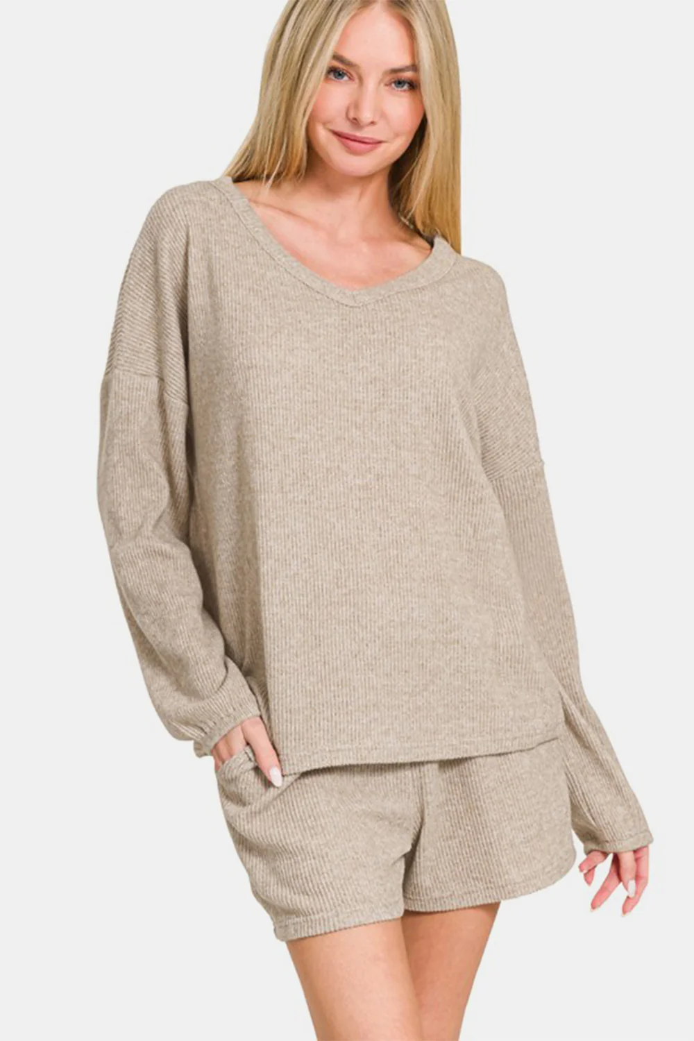 Zenana V-Neck Long Sleeve Ribbed Top and Shorts Set - Image 3