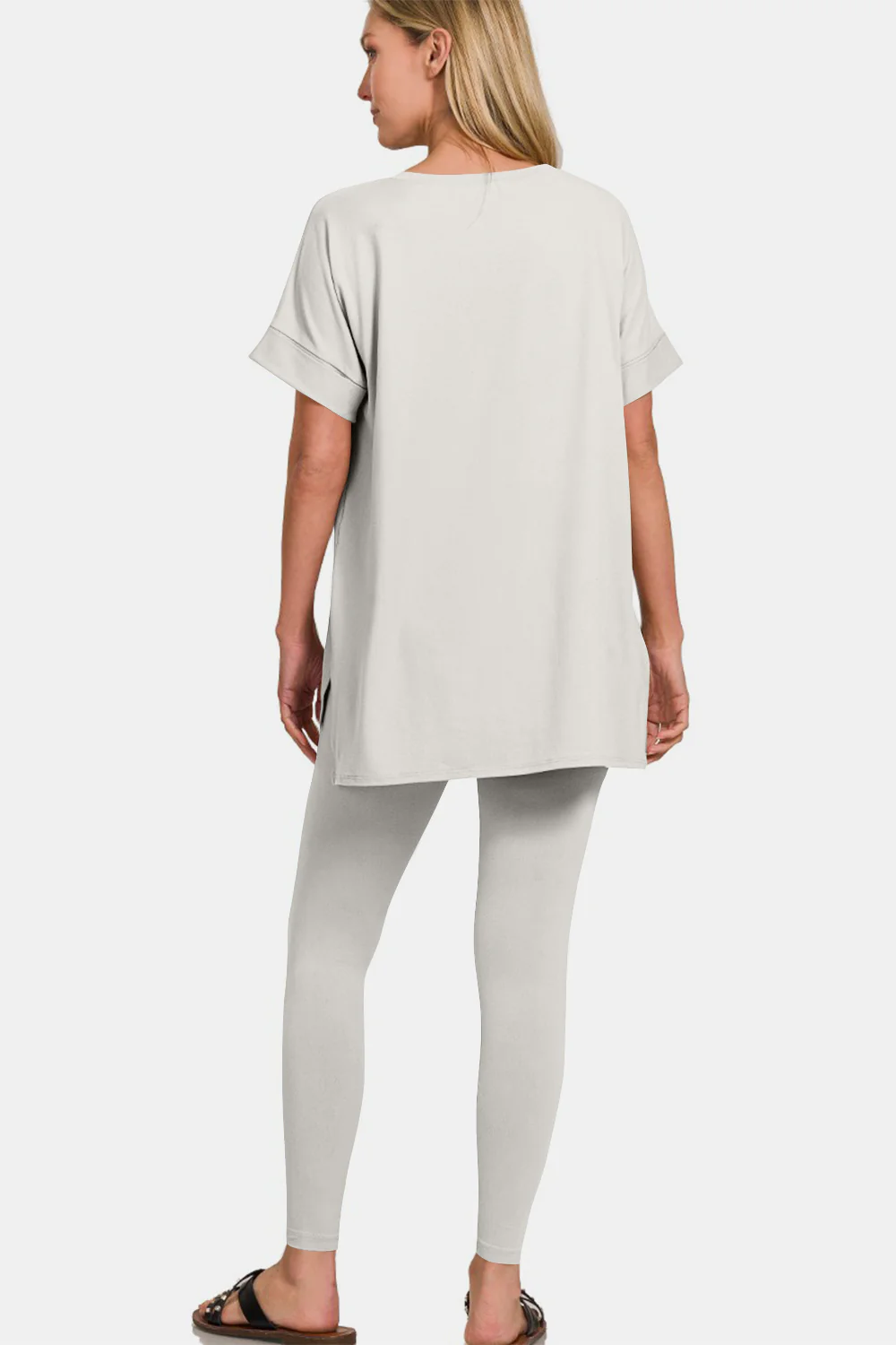 Zenana V-Neck Rolled Short Sleeve T-Shirt and Leggings Lounge Set - Image 2