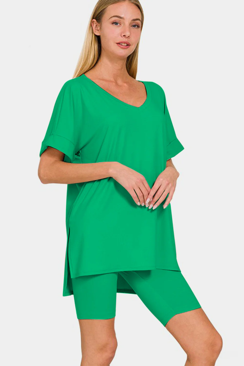 Zenana V-Neck Short Sleeve T-Shirt and Biker Shorts Set - Image 3