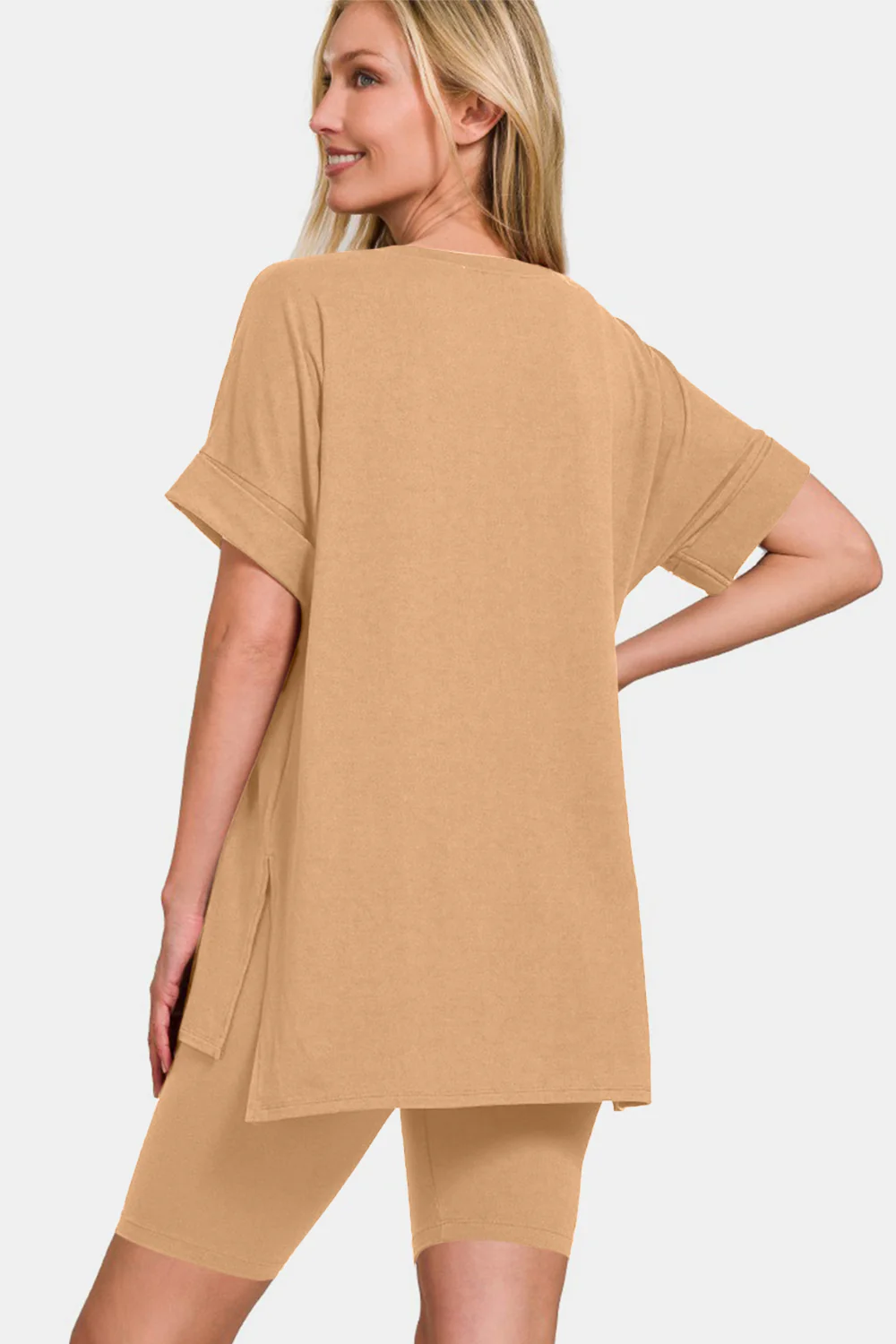 Zenana V-Neck Short Sleeve T-Shirt and Biker Shorts Set - Image 2