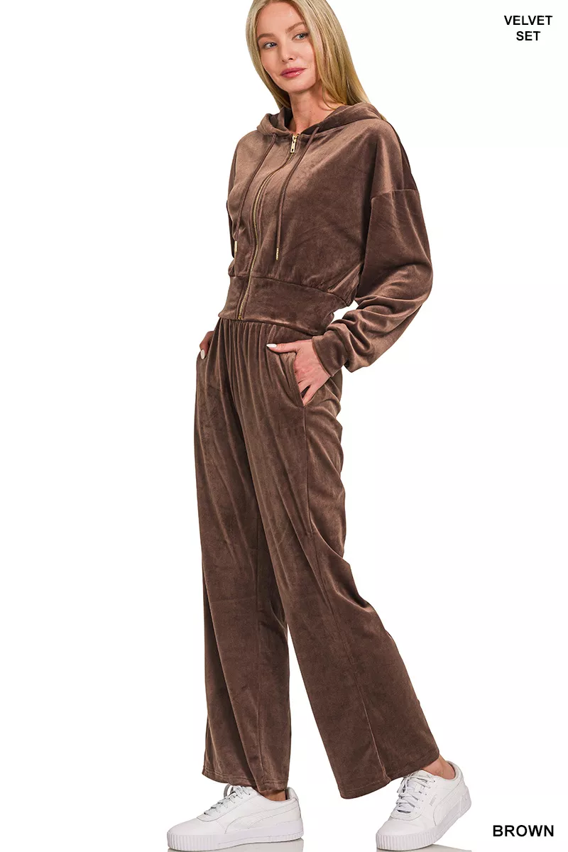 Zenana Velvet Zip Up Hoodie and Pants Set - Image 2