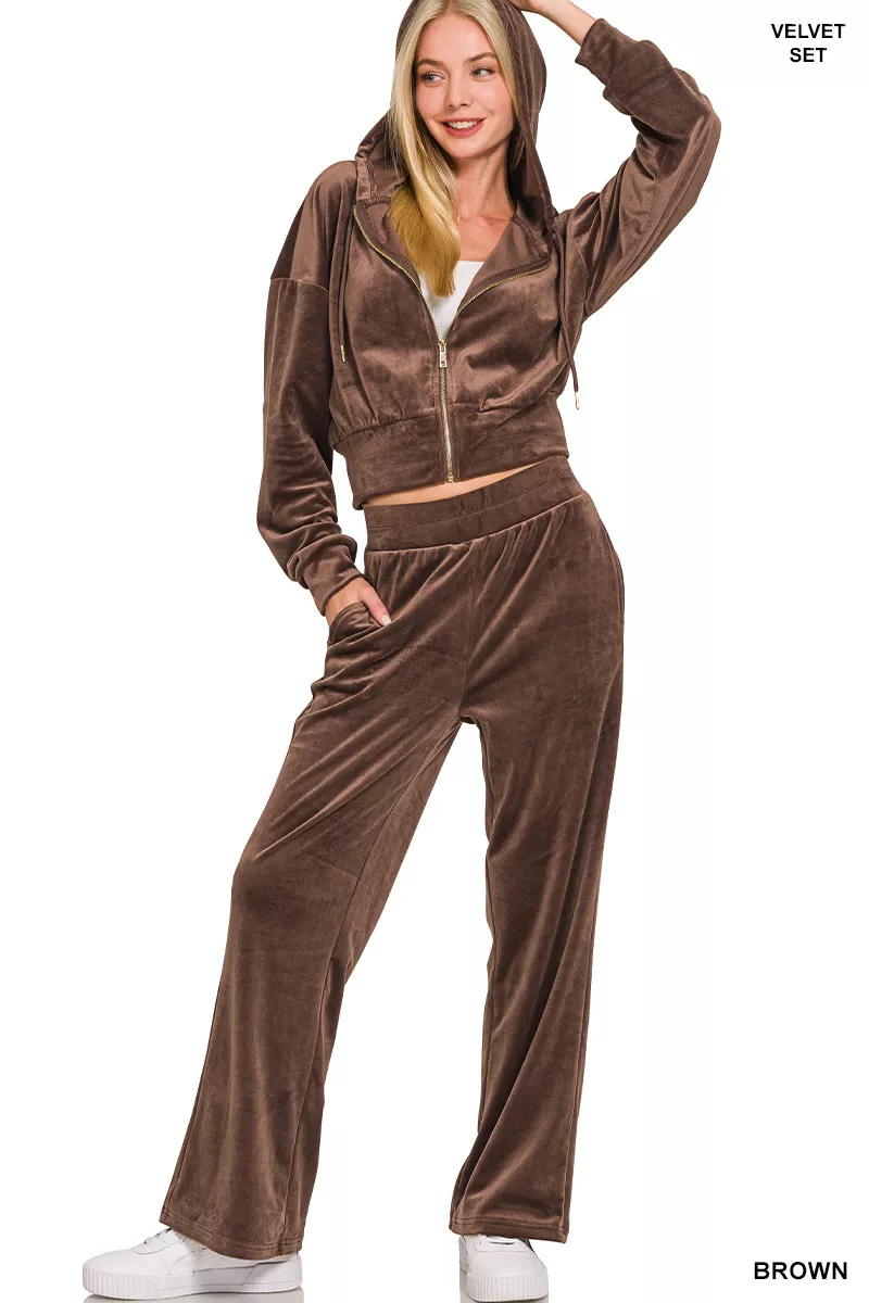 Zenana Velvet Zip Up Hoodie and Pants Set - Image 3