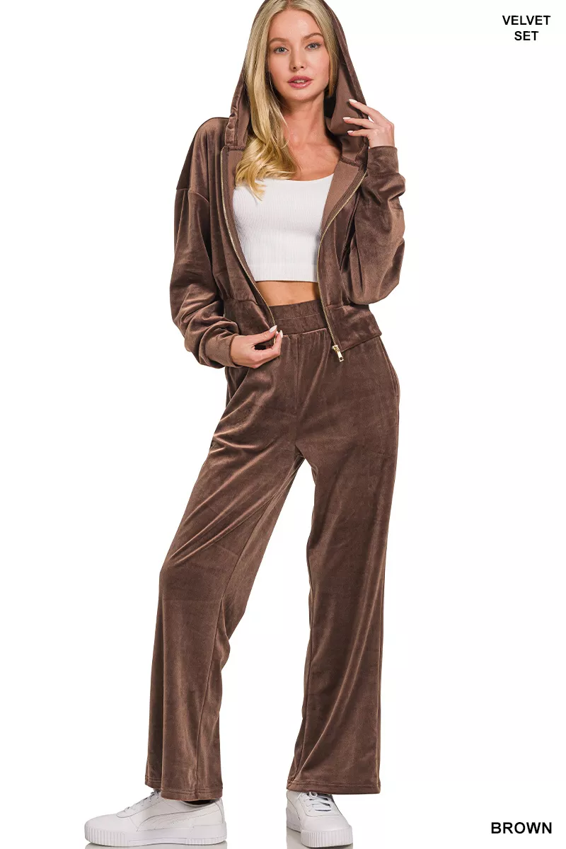 Zenana Velvet Zip Up Hoodie and Pants Set - Image 5