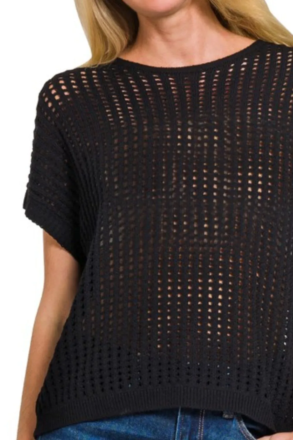 Zenana Viscose Crochet Knit Sheer Hollow Sweater - Image 3