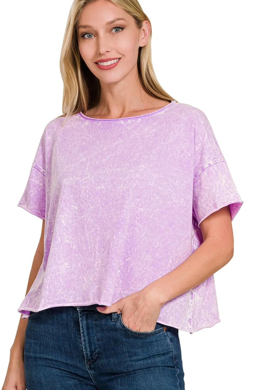Zenana Washed Crew Neck Short Sleeve Crop Box Tee