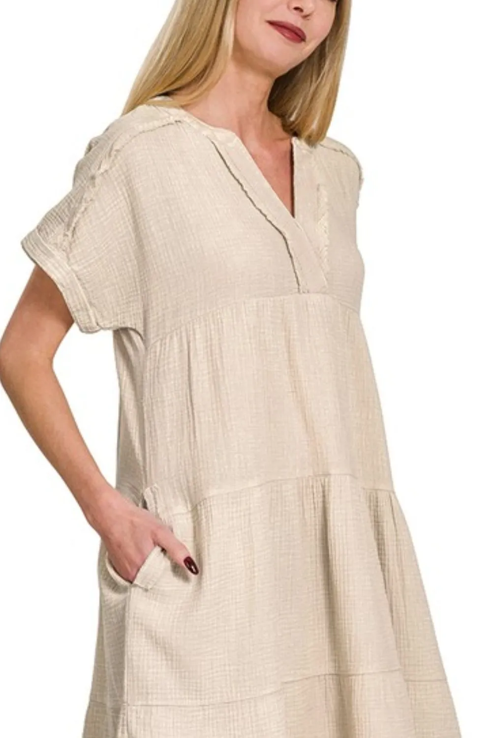 Zenana Washed Double Gauze Raw Edge V-neck Dress - Image 2