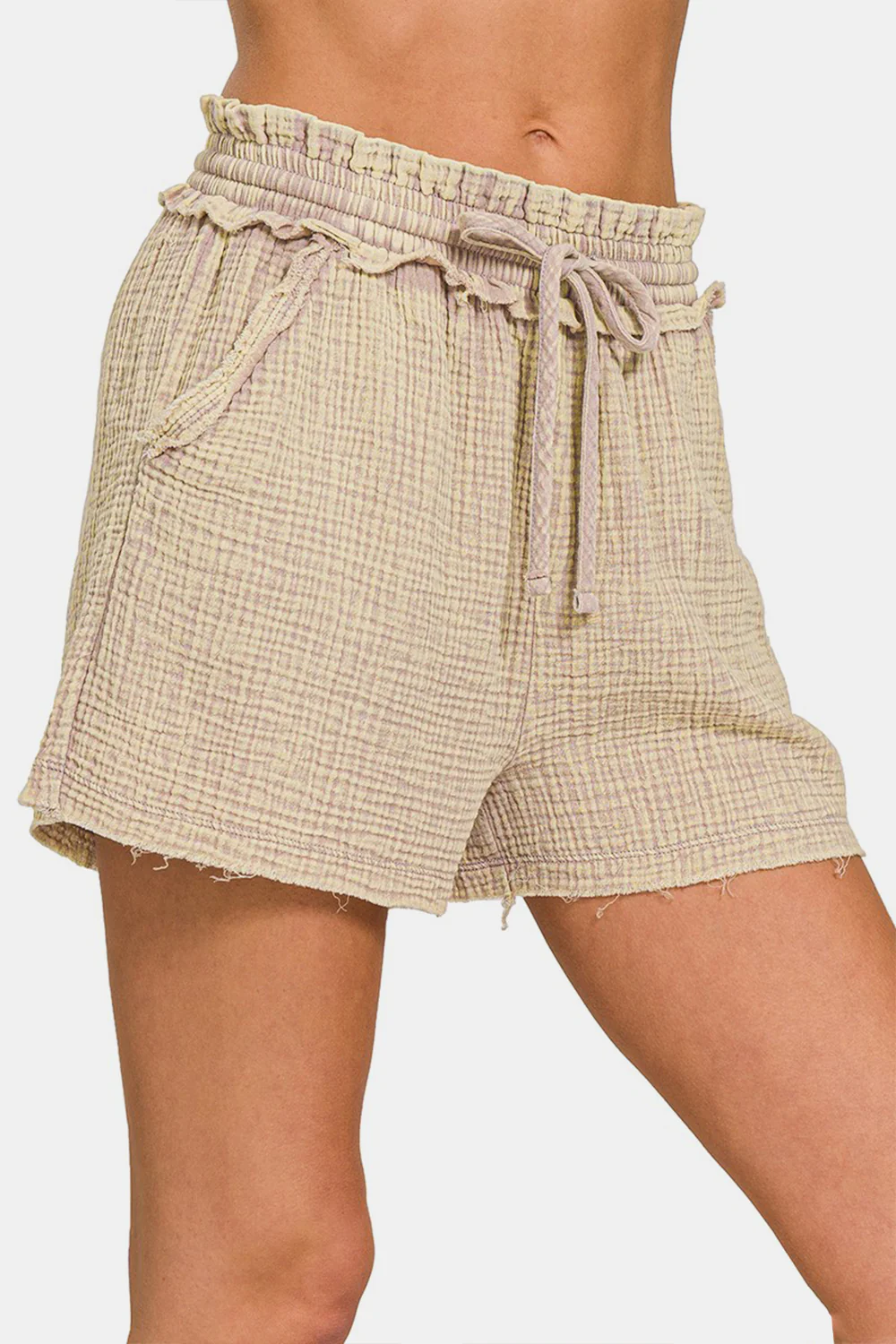 Zenana Washed Frayed Hem Drawstring Shorts - Image 3