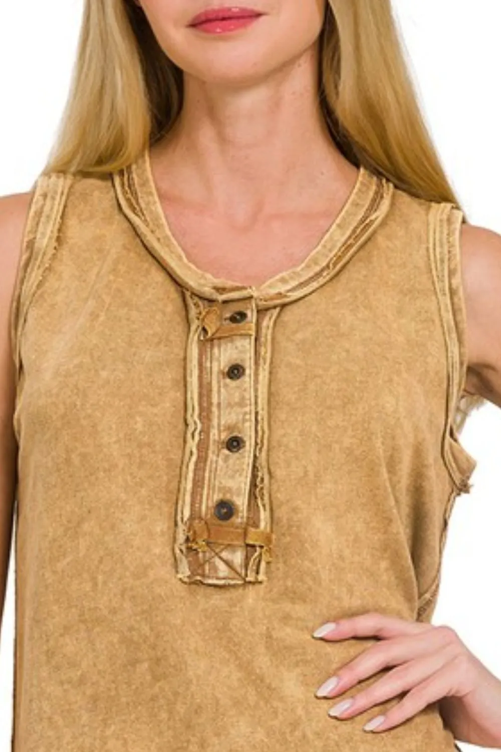 Zenana Washed Half-button Raw Edge Sleeveless Henley Top - Image 2