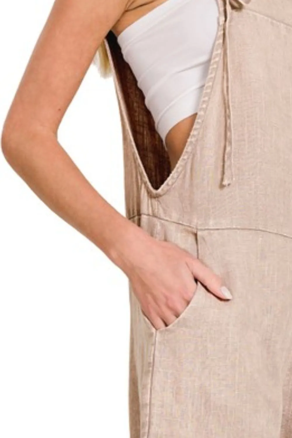 Zenana Washed Linen Knot Strap Rompers - Image 3