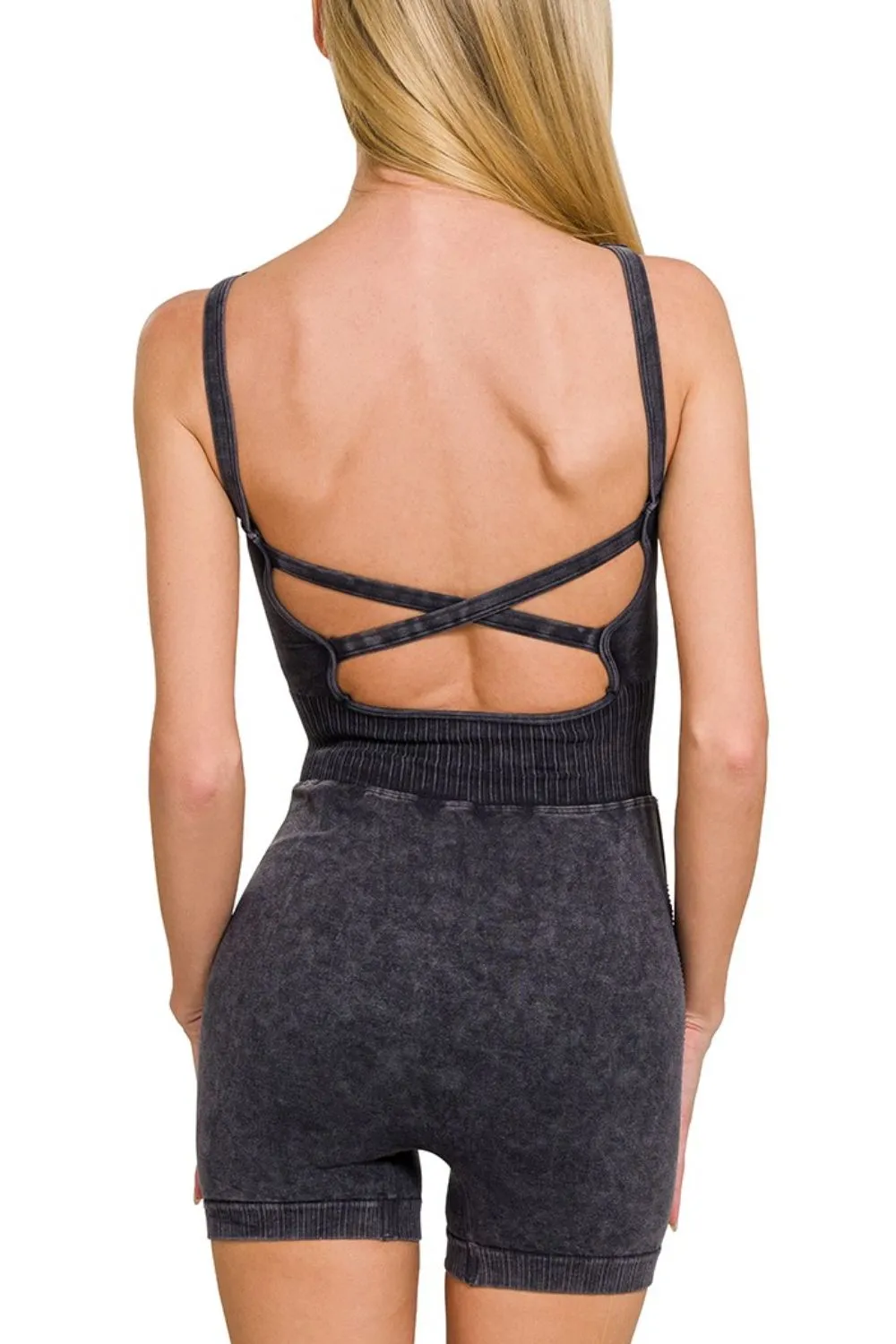 Zenana Washed Sports Romper With Removable Bra Pad - Image 3