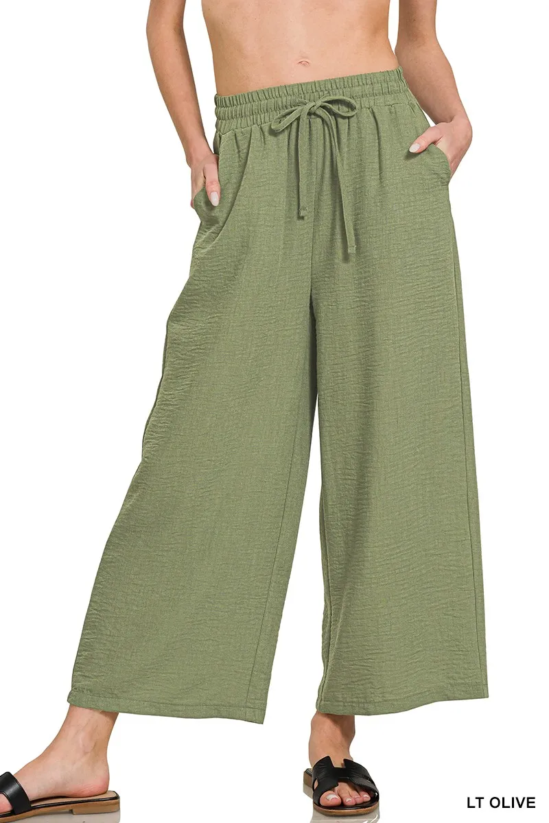 Zenana Woven Crepe Elastic Band Waist Cropped Pants - Image 2