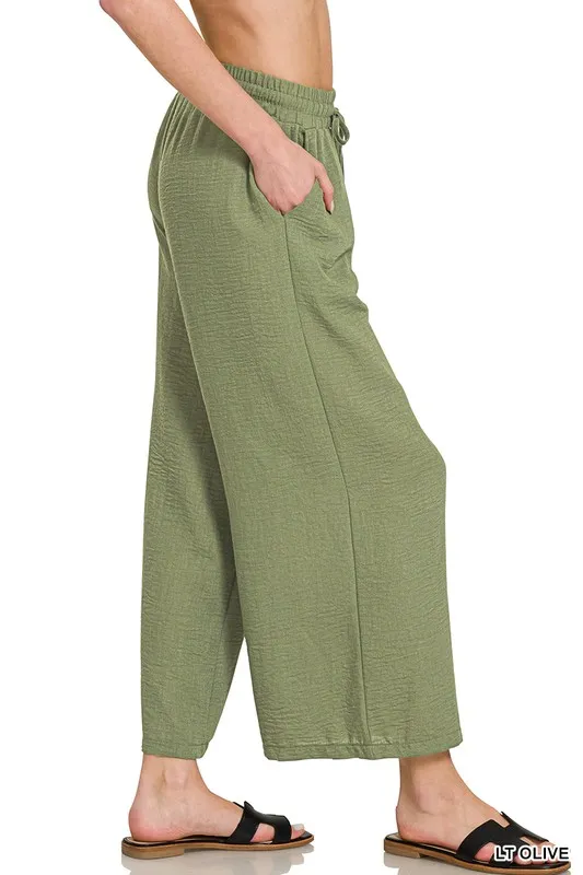 Zenana Woven Crepe Elastic Band Waist Cropped Pants - Image 3
