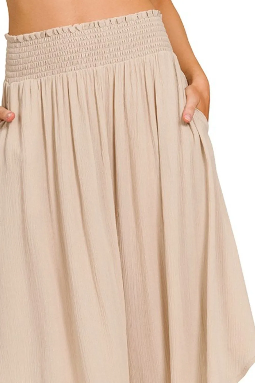 Zenana Woven Crinkle Smocked Waist Maxi Skirt W Pockets - Image 2