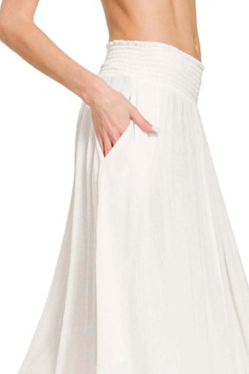 Zenana Woven Crinkle Smocked Waist Maxi Skirt W Pockets - Image 3