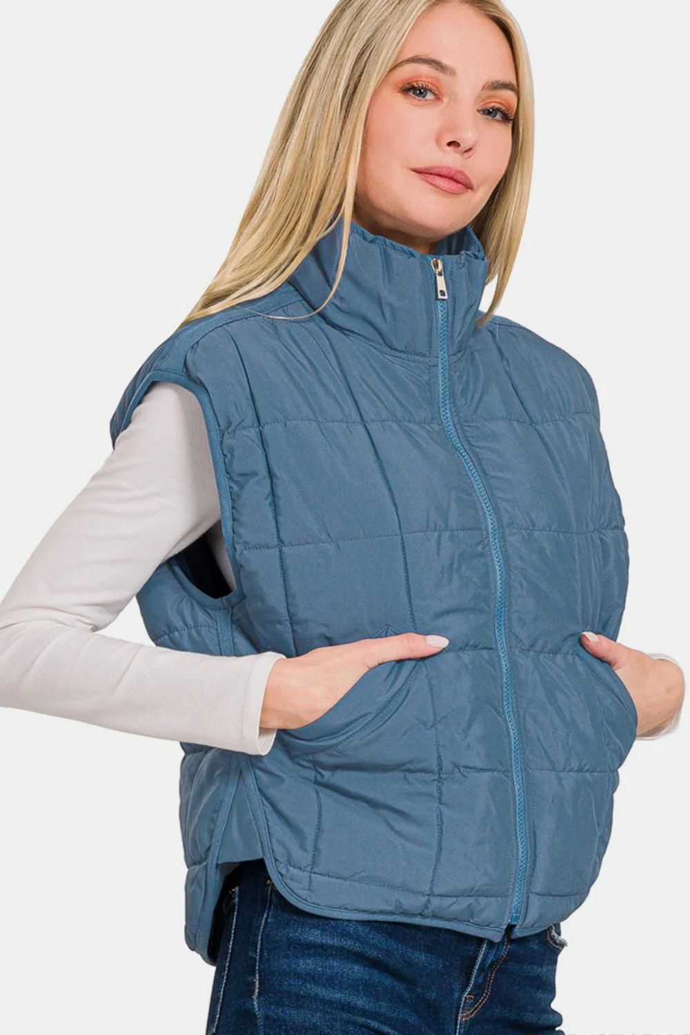 Zenana Zip Up Cropped Puffer Vest with Pockets - Image 2