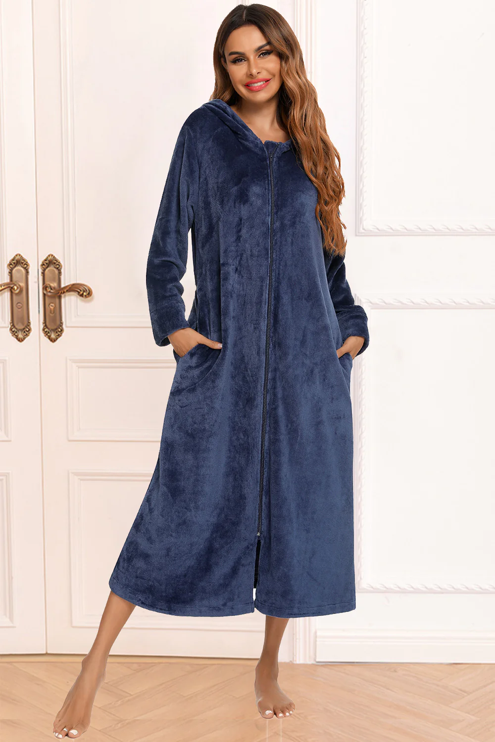 Zip Front Hooded Night Dress with Pockets - Image 7