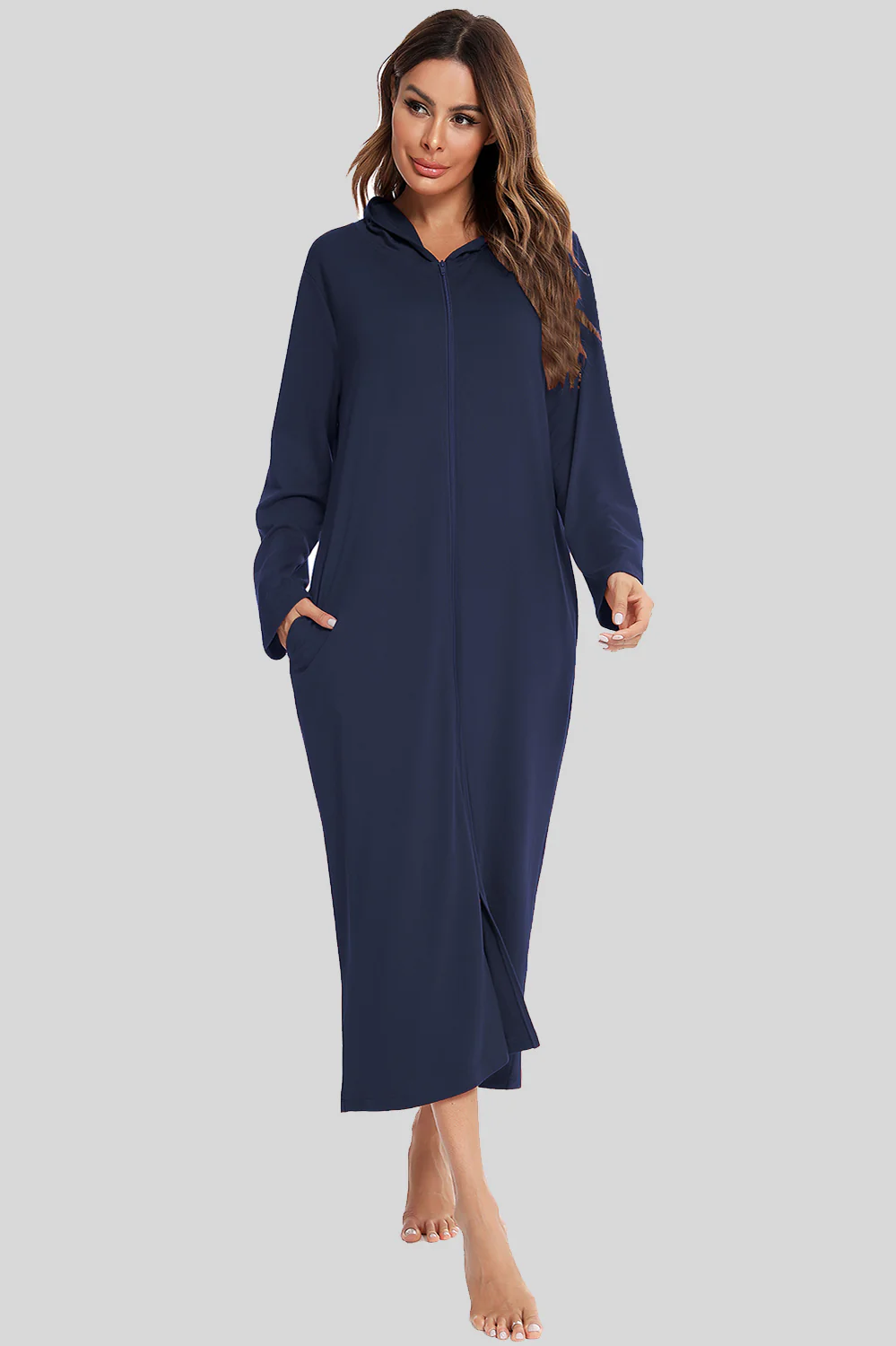Zip Front Hooded Night Dress with Pockets - Image 11