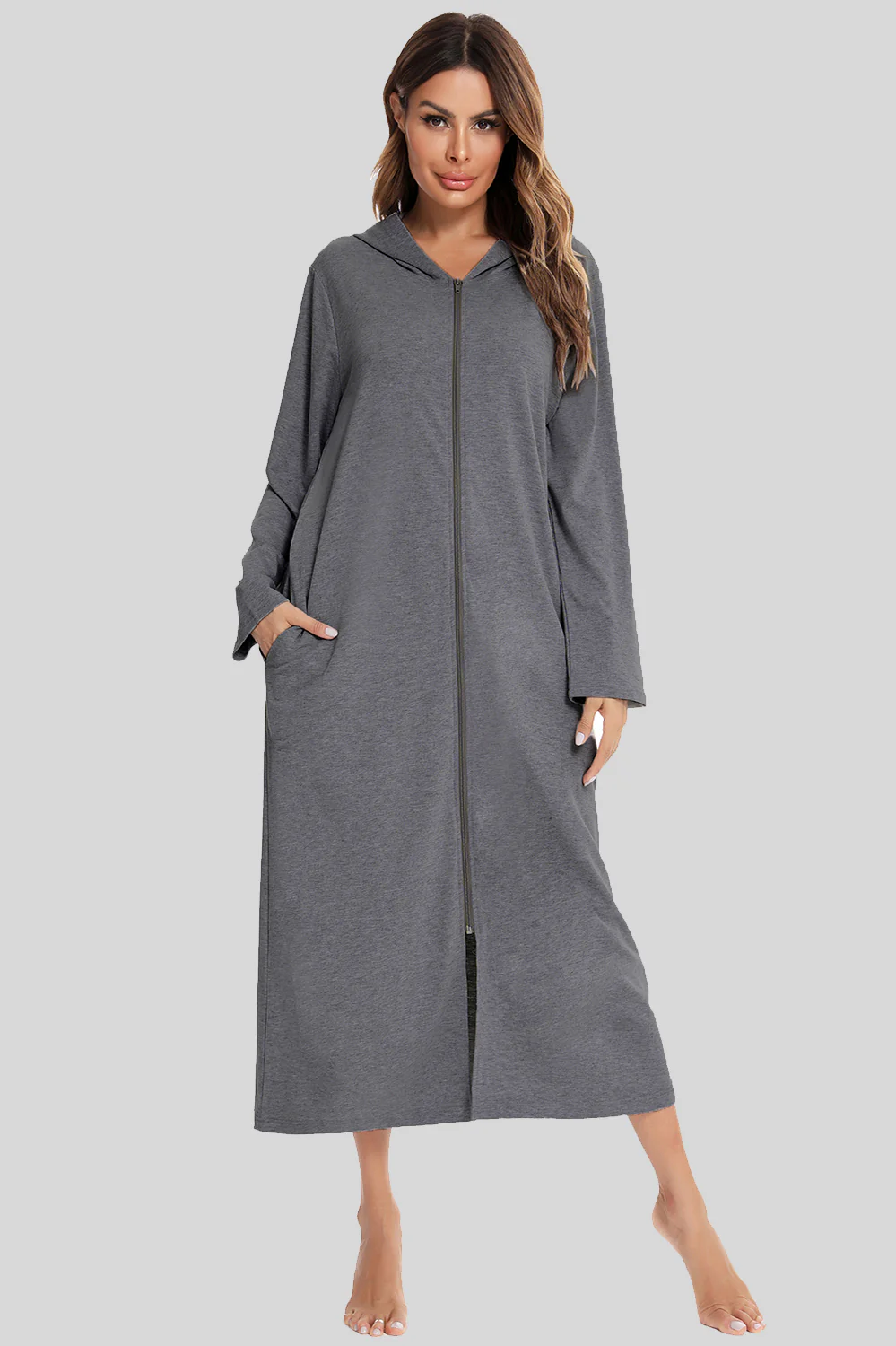 Zip Front Hooded Night Dress with Pockets - Image 7