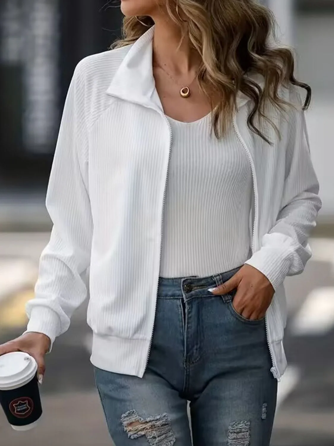 Zip Up Collared Neck Raglan Sleeve Jacket - Image 3