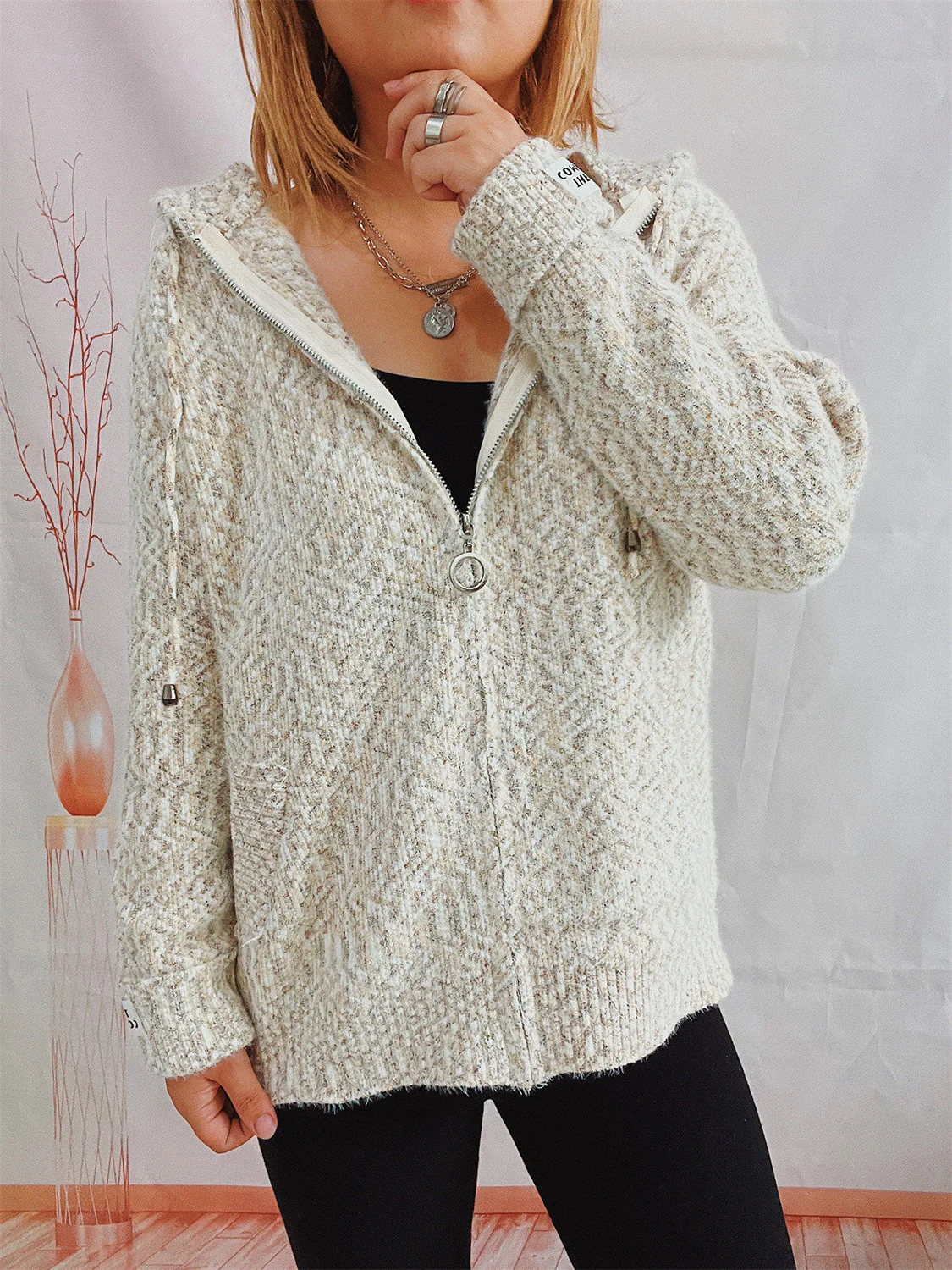 Zip Up Drawstring Long Sleeve Hooded Sweater - Image 13