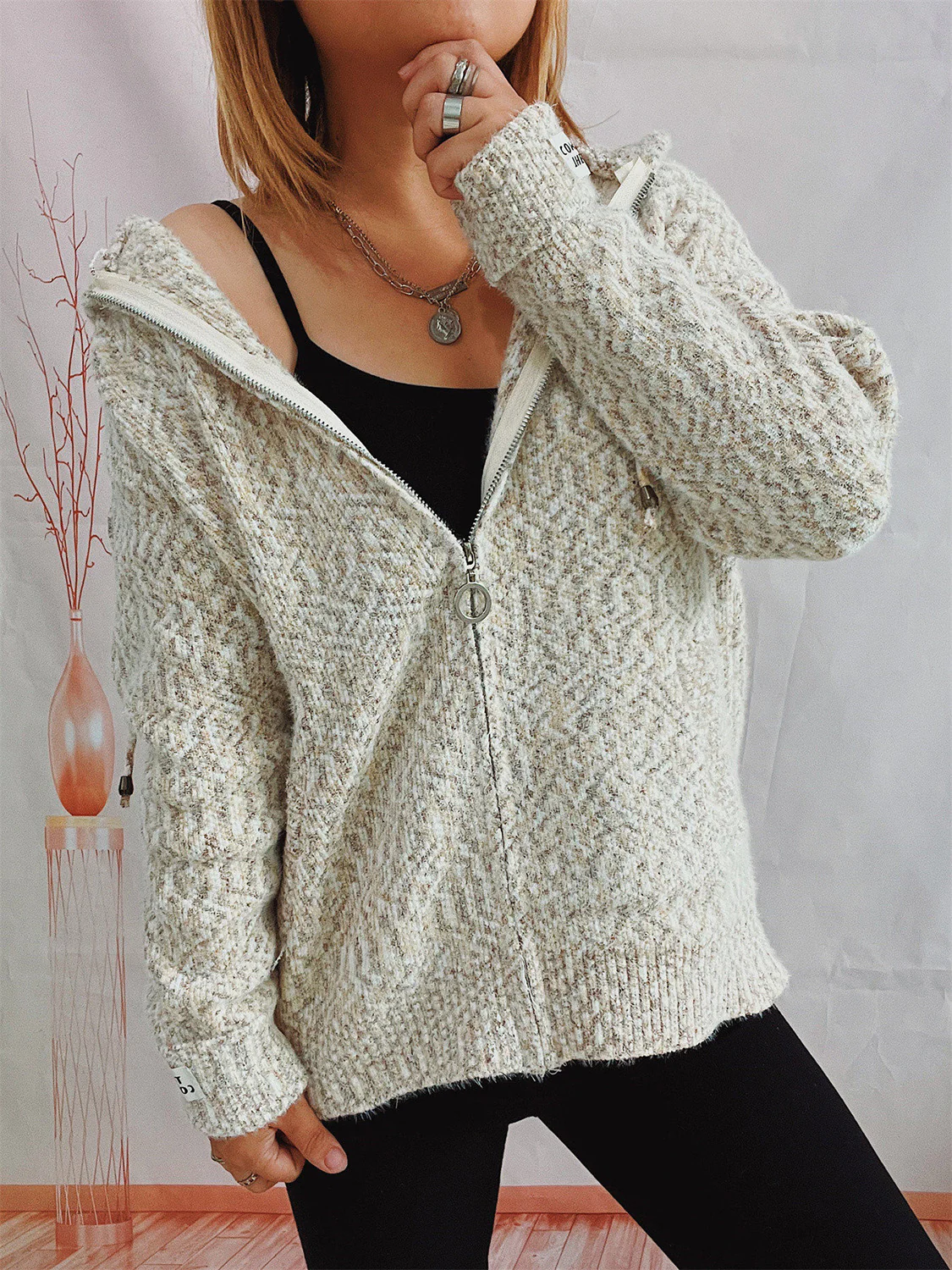 Zip Up Drawstring Long Sleeve Hooded Sweater - Image 15