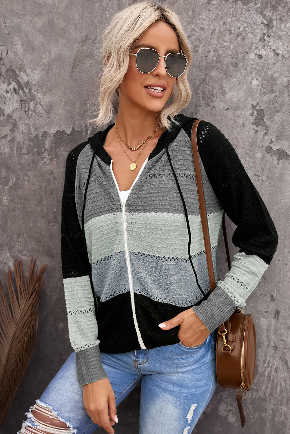 Zip-Up Raglan Sleeve Openwork Hooded Cardigan - Image 11