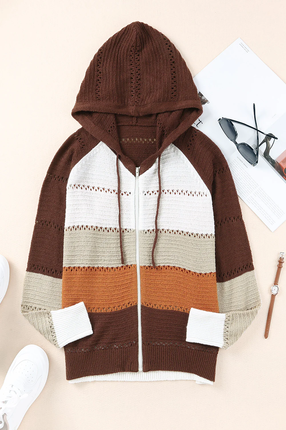 Zip-Up Raglan Sleeve Openwork Hooded Cardigan - Image 19