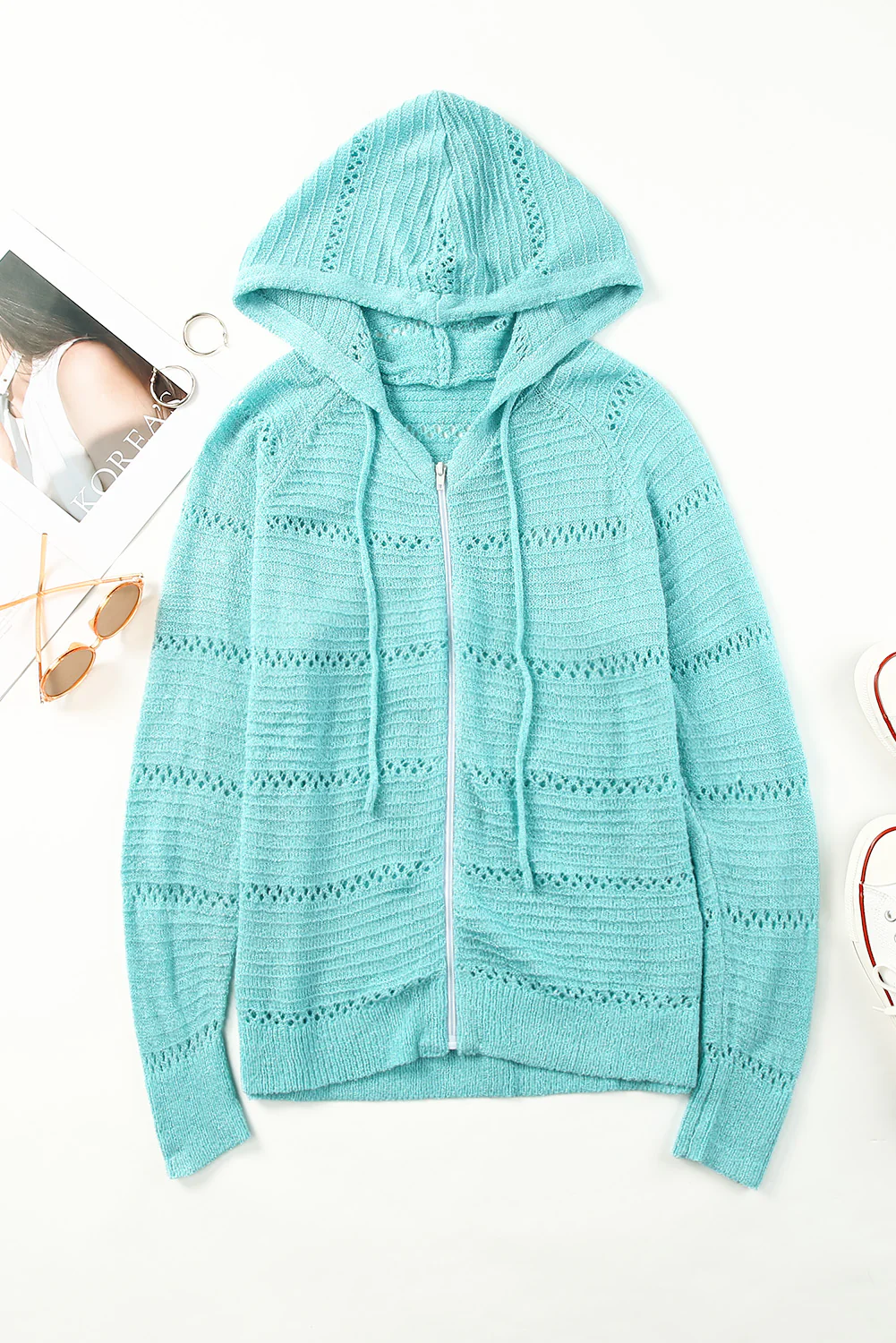 Zip-Up Raglan Sleeve Openwork Hooded Cardigan - Image 26