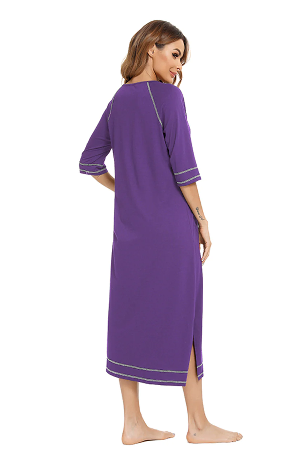 Zip Up Slit Round Neck Night Dress with Pockets - Image 12